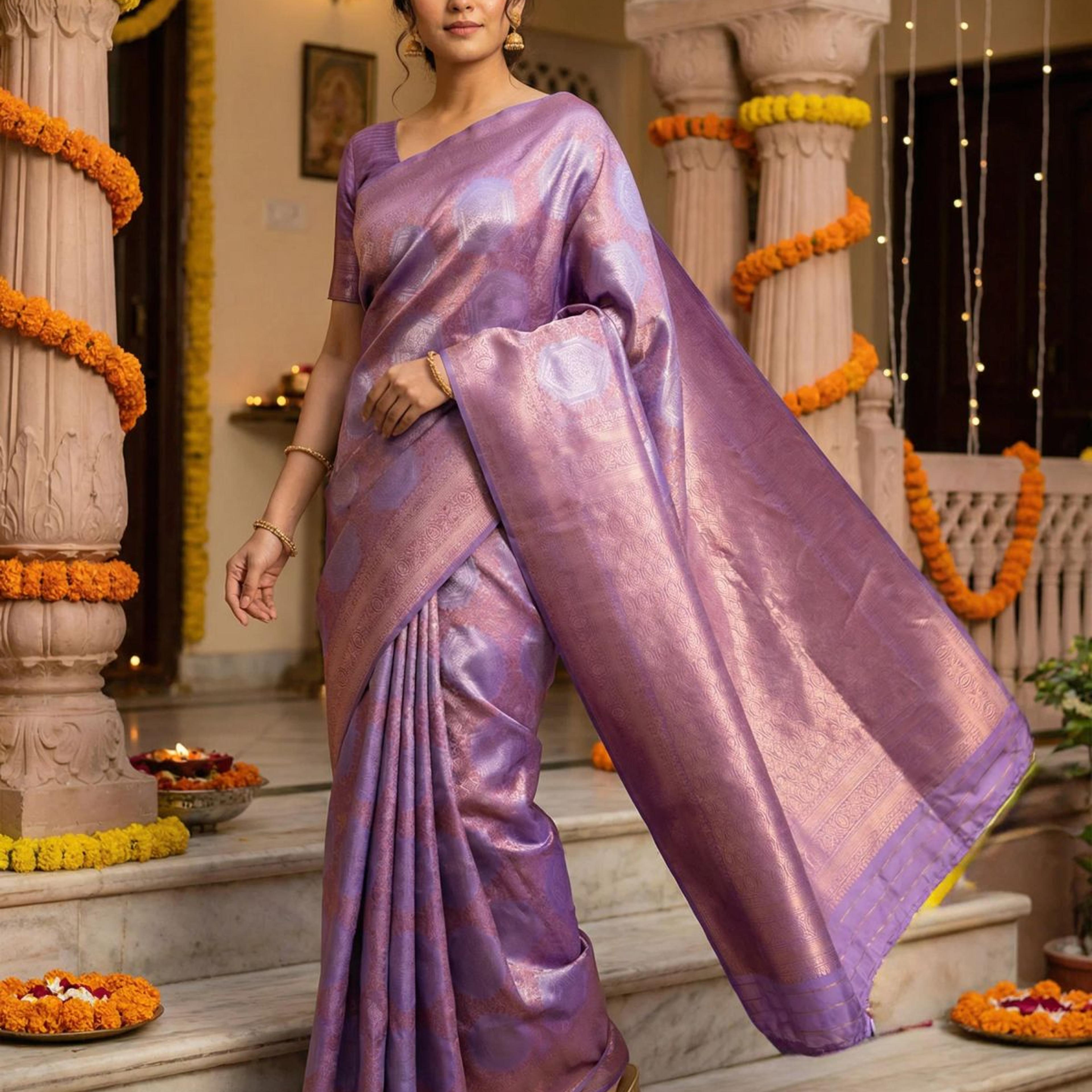 MIMOSA Women's Woven Design Kanjivaram Style Art Silk Saree with Blouse Piece - Violet ( SA00002246VLFREE )