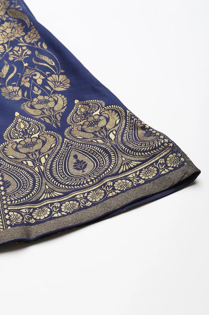 Navy Blue Floral Printed Flared Woven Skirt With Elasticated Waist — photo 8