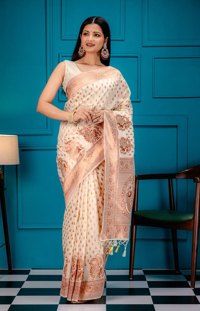Mimosa Women's Woven Design Banarasi Style Art Silk Saree With Blouse Piece : SA00001809HWFREE — Halfwhite