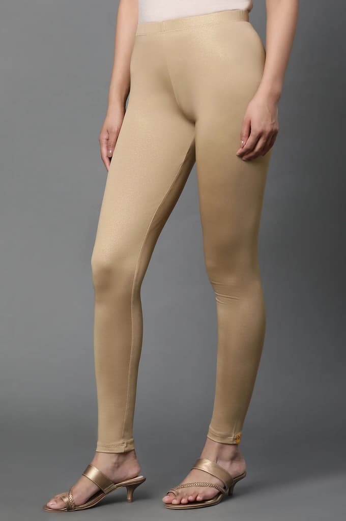 Gold Solid Skinny Fit Cotton Tights With Foil Print — photo 2