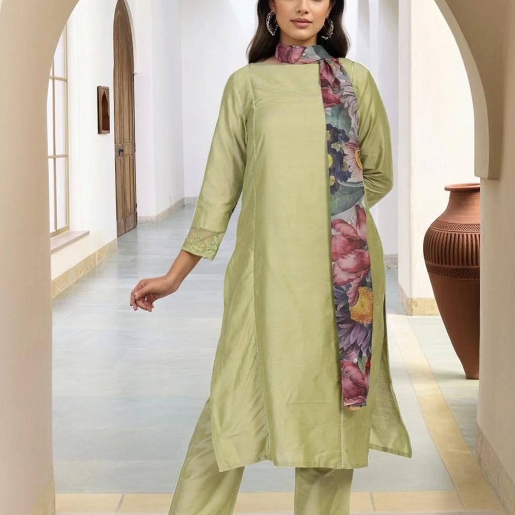 Light Green Solid Lace Trim Straight Kurta with Straight Pant and Dupatta Set