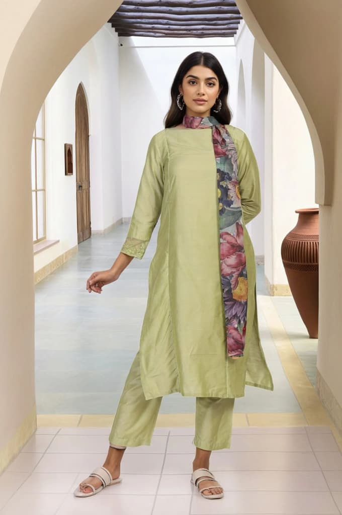 Light Green Solid Lace Trim Straight Kurta with Straight Pant and Dupatta Set — XS