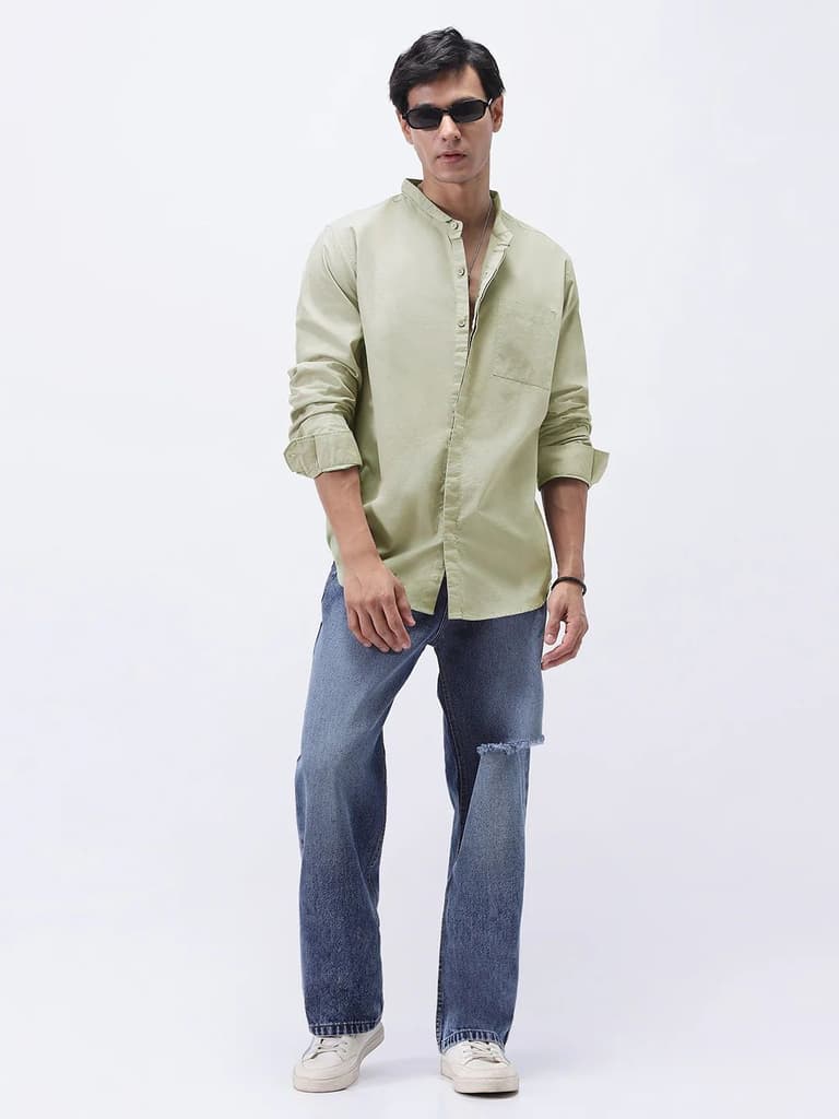 Men's Light Olive Cotton Full Sleeve Regular Fit Casual Solid Shirt with Band Collar — photo 4