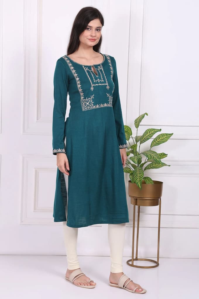 Teal Embroidered Acrylic Straight Kurta — photo 6