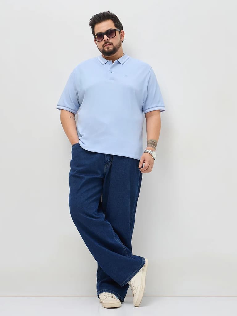 Plus Men's Light Sky Blue Solid Regular Fit Half Sleeve Cotton Polo T-Shirt — photo 4