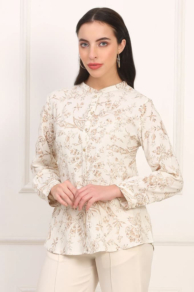 White Floral Printed Dobby Mandarin Collar Top — photo 4