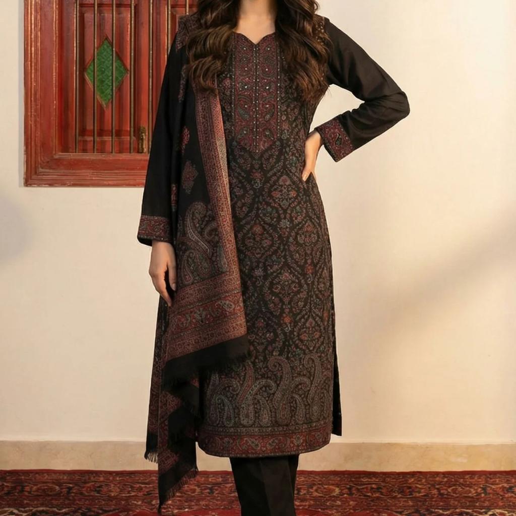 Black Paisley Yarn Dyed Winter Straight Kurta with Pants and Dupatta Set