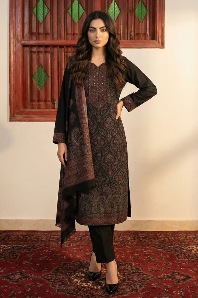 Black Paisley Yarn Dyed Winter Straight Kurta with Pants and Dupatta Set — XS