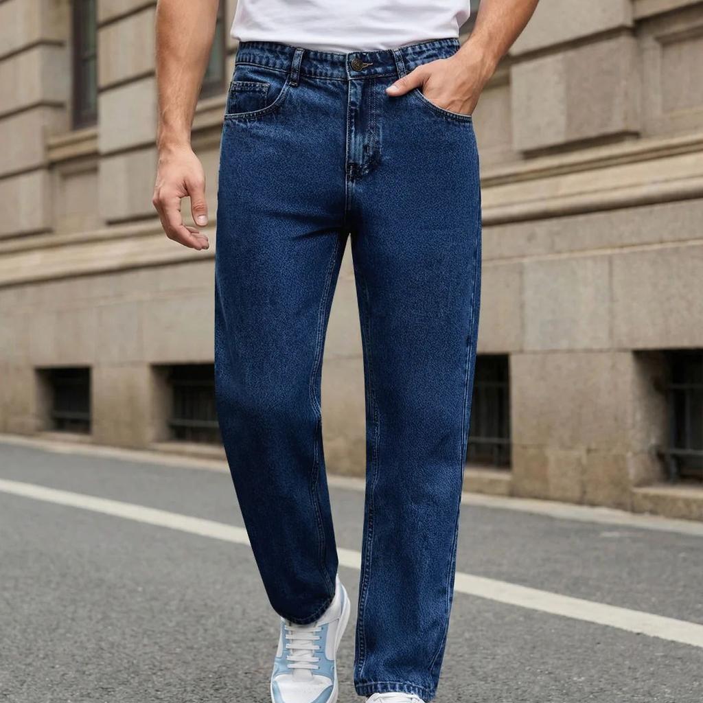 Men's Dark Blue Relaxed Fit Washed Denim Jeans Non-Stretchable