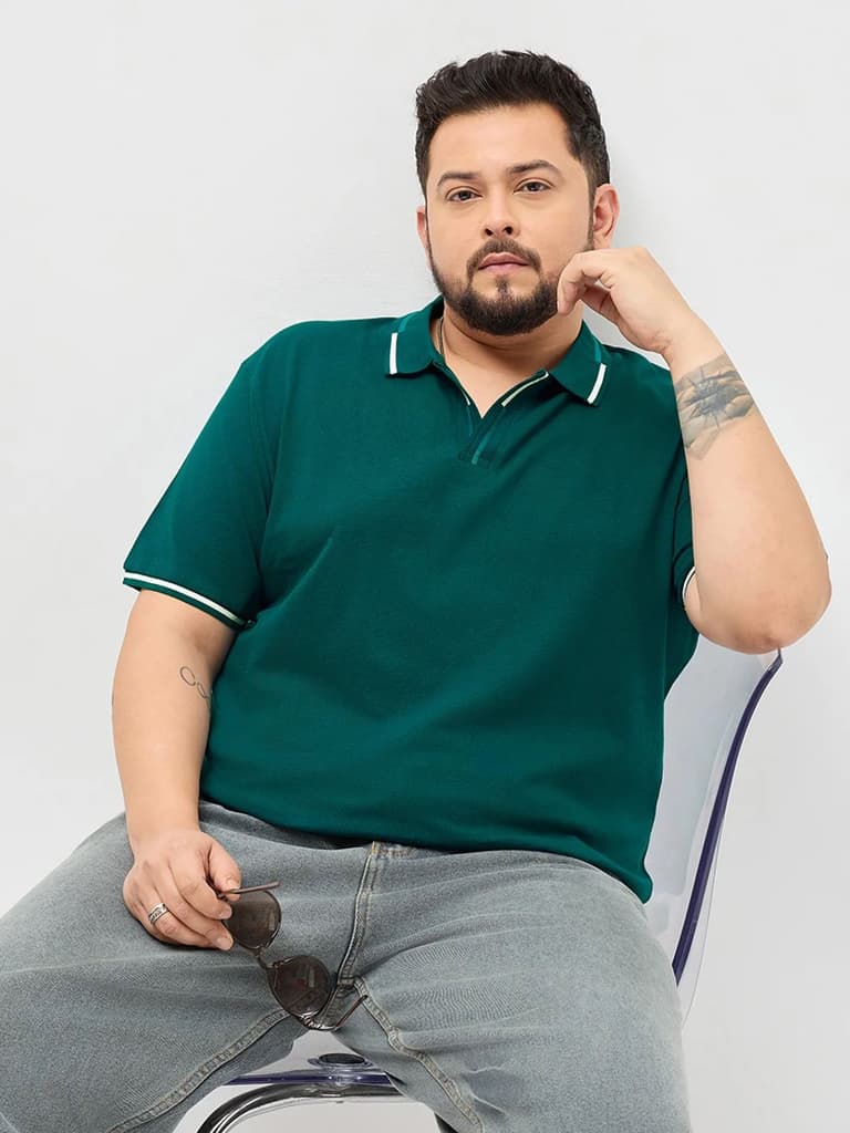 Plus Men's Teal Green Solid Regular Fit Half Sleeve Cotton Polo T-Shirt — 2XL / Teal Green