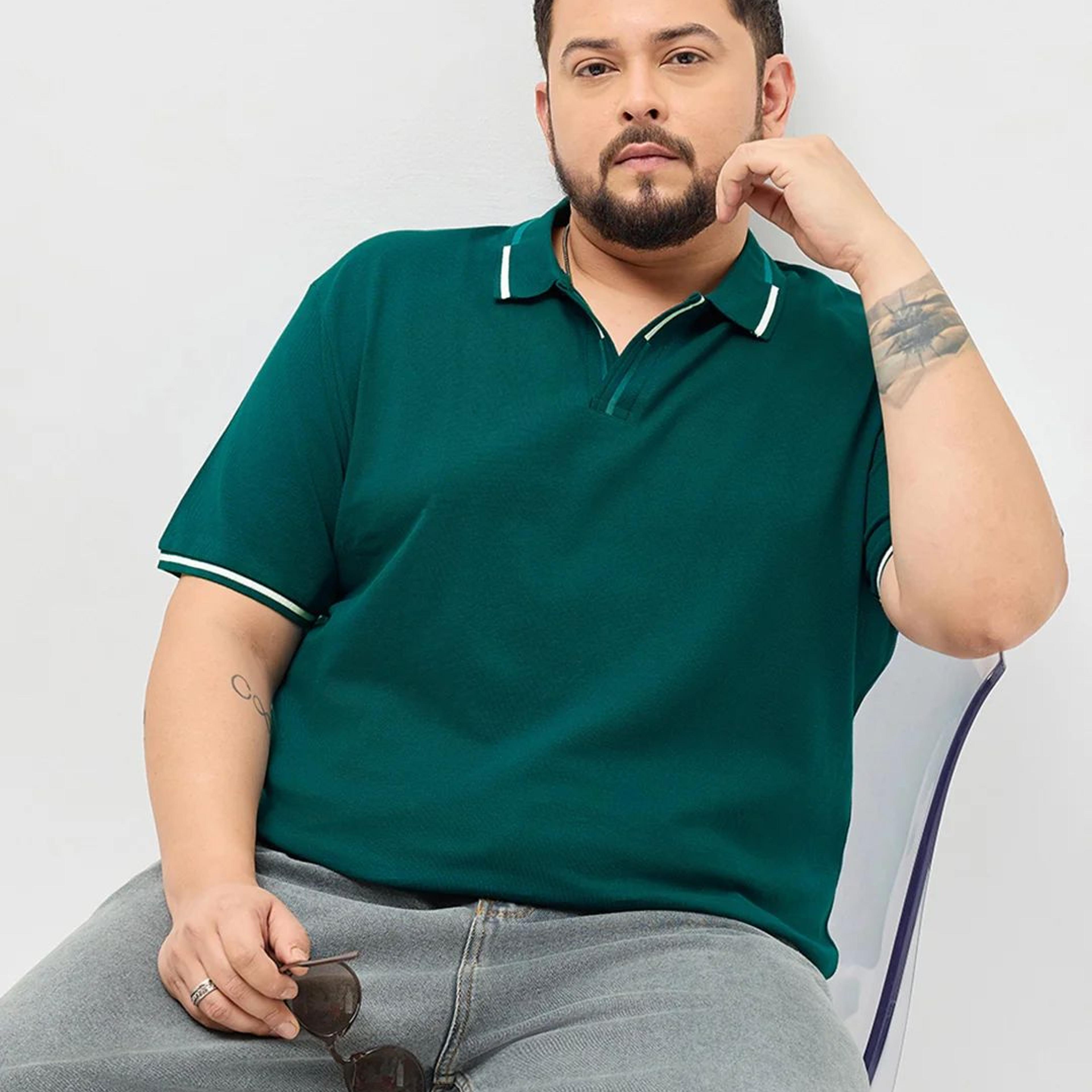 Plus Men's Teal Green Solid Regular Fit Half Sleeve Cotton Polo T-Shirt