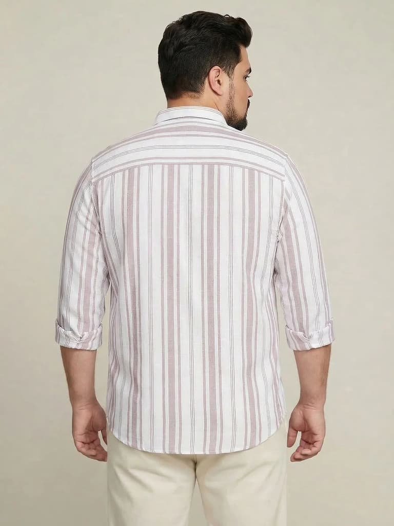 Plus Men's Lilac Cotton Full Sleeve Relaxed Fit Linen Striped Shirt with Spread Collar — photo 3