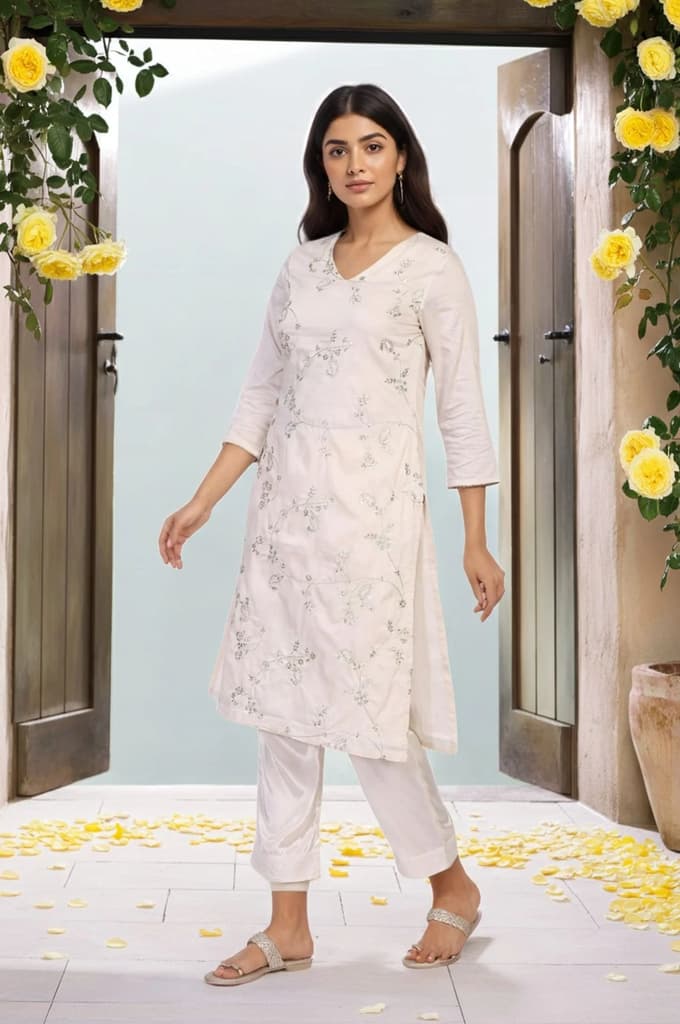 Off-White Embroidered Straight Viscose Kurta — photo 6