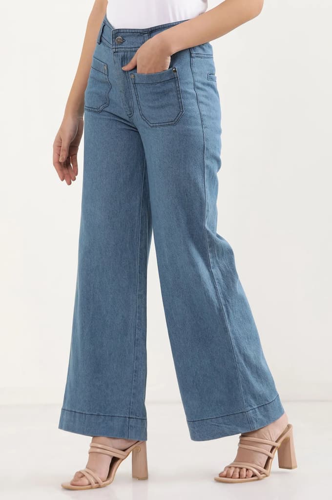 Light Blue Solid Flared Denim Pants With Button Detail — photo 3