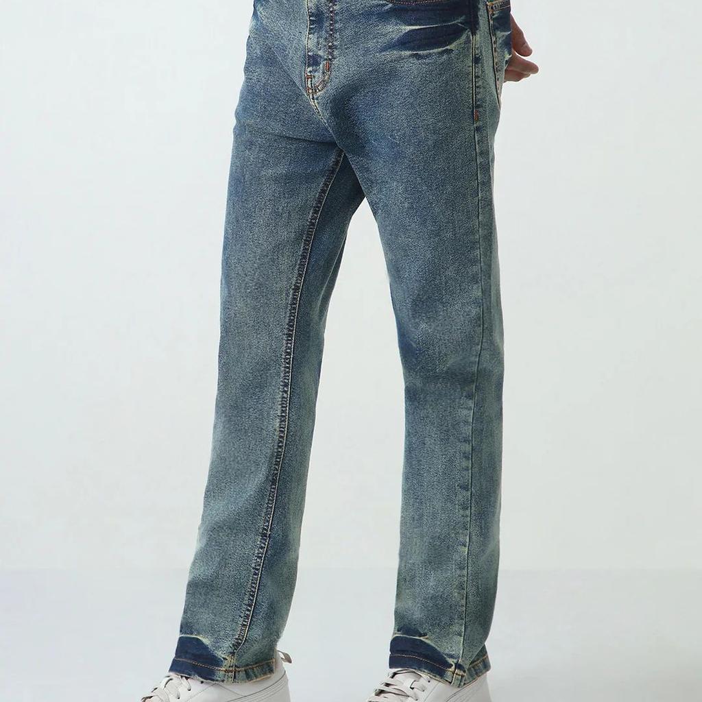 Men's Light Blue Straight Fit Heavy Washed Jeans Stretchable