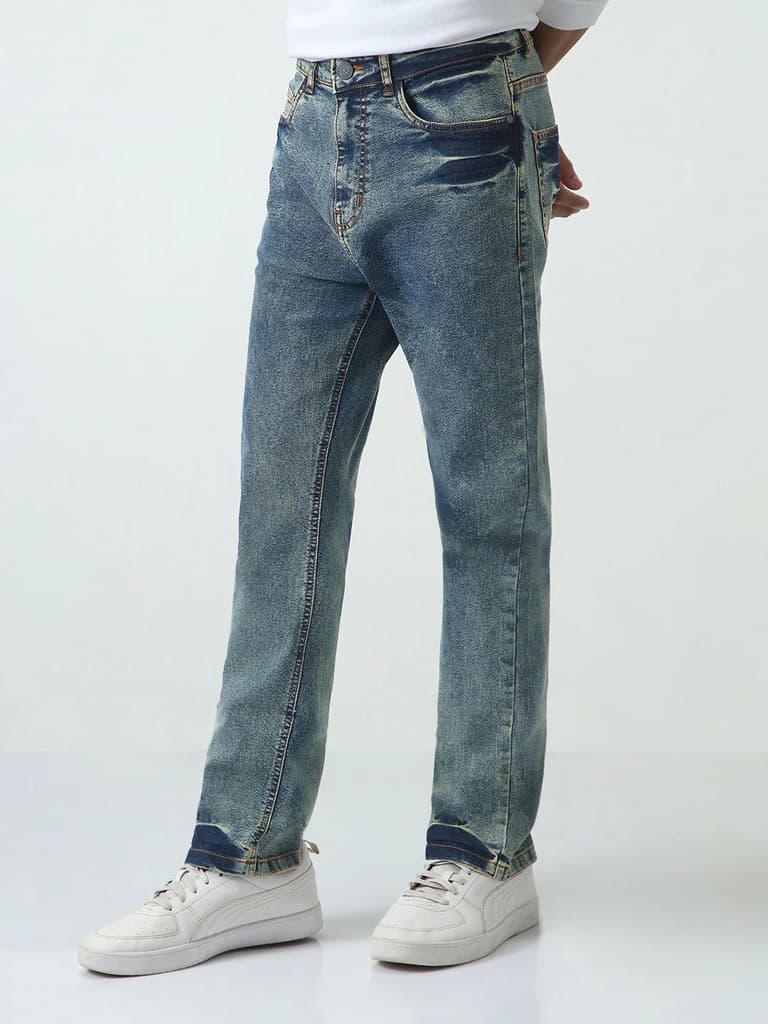 Men's Light Blue Straight Fit Heavy Washed Jeans Stretchable