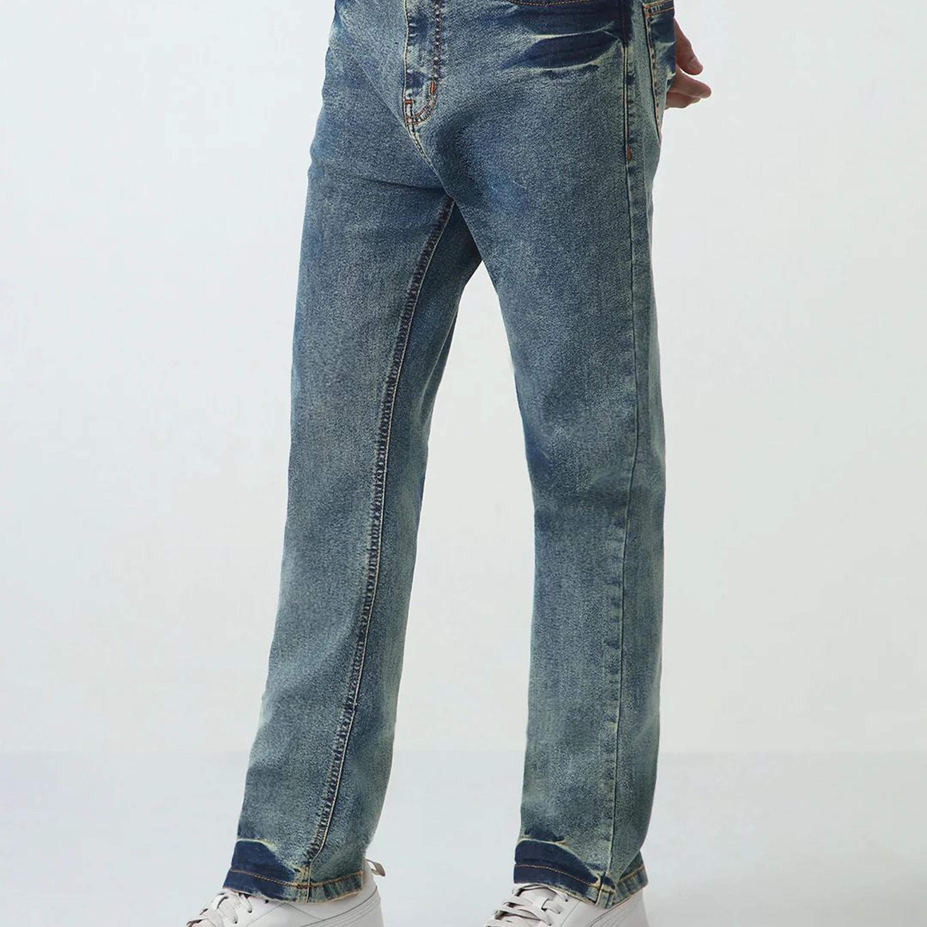 Men's Light Blue Straight Fit Heavy Washed Jeans Stretchable