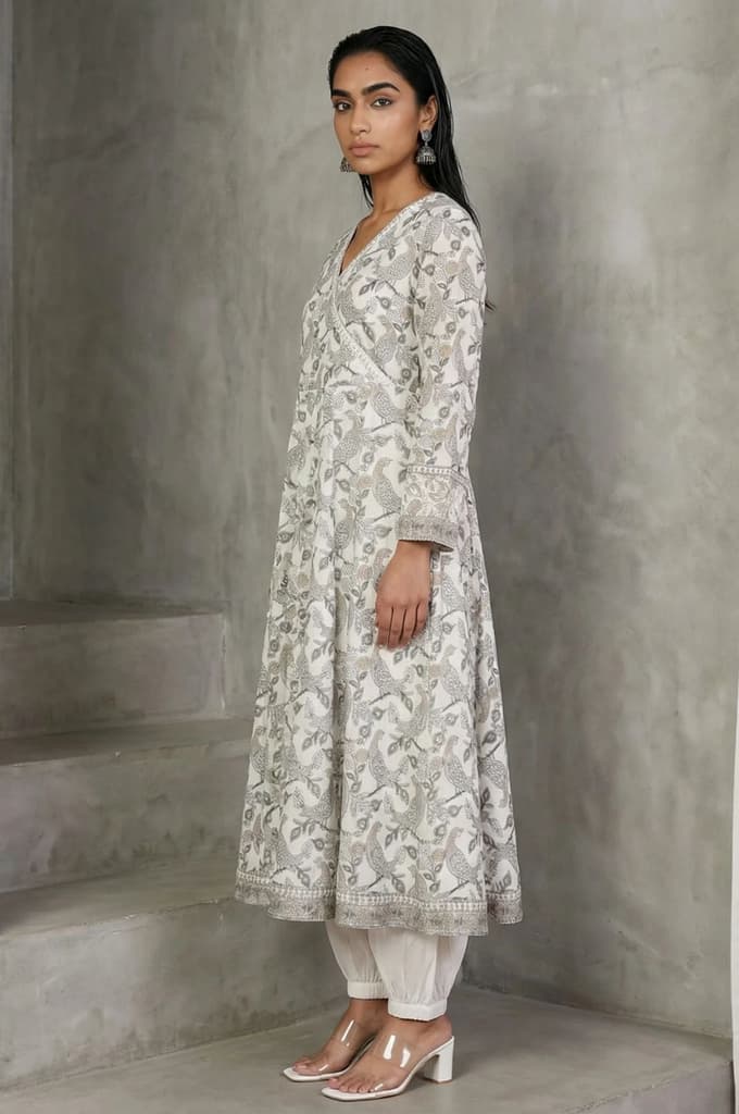Off White Block Printed Pure Cotton Angrakha Kurta — photo 6