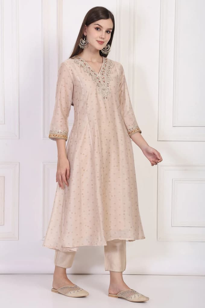 Beige Embroidered A-Line Chanderi Kurta with Straight Pant and Dupatta Set — photo 6