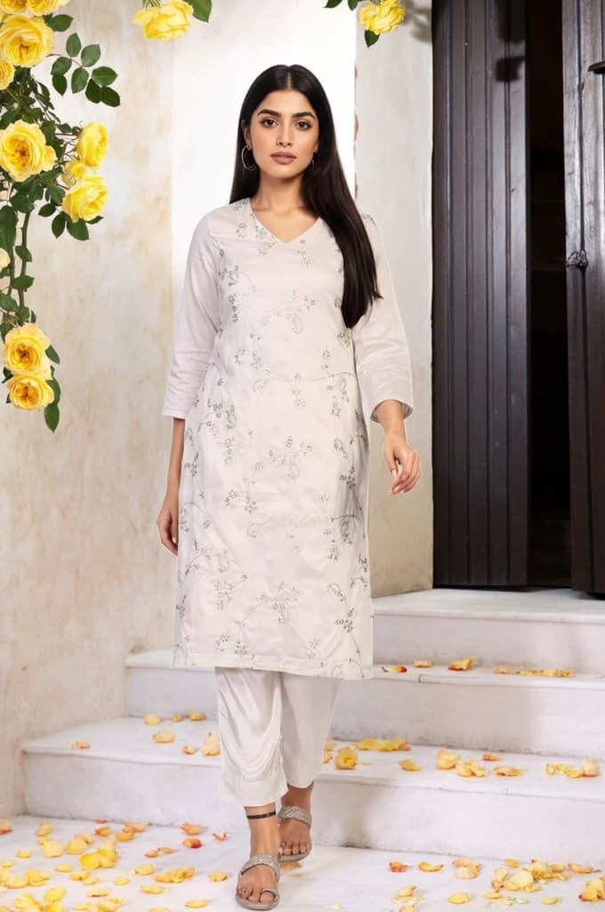 Off-White Embroidered Straight Viscose Kurta — photo 2