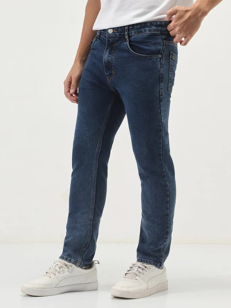Men's Dark Blue Slim Fit Washed Denim Jeans Stretchable — photo 2