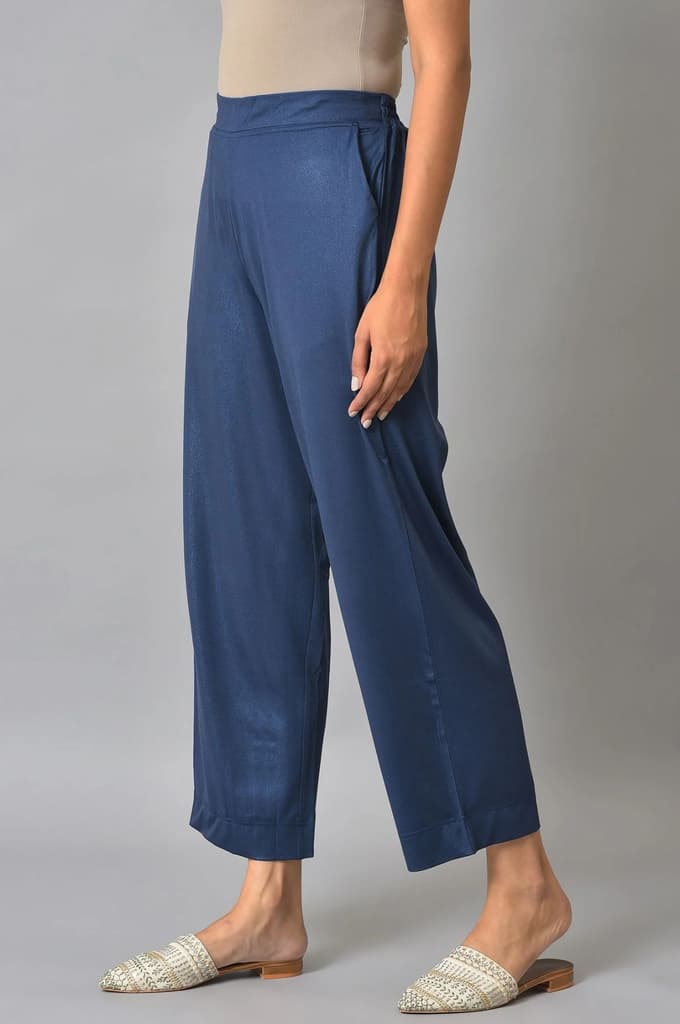Blue Solid Straight Fit Palazzo With Side Pockets — photo 3