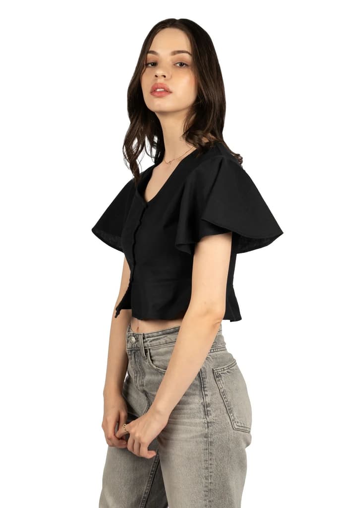 Black Cotton Linen Fitted Crop Top — photo 6