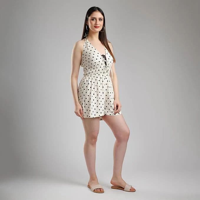 Women’s Polka Dot Halter Romper – Sleeveless V-Neck Elastic Waist — photo 6
