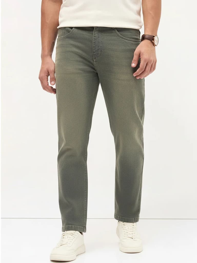 Men's Grey Regular Fit Whisker Wash Yellow Tint Denim Jeans Stretchable — photo 2