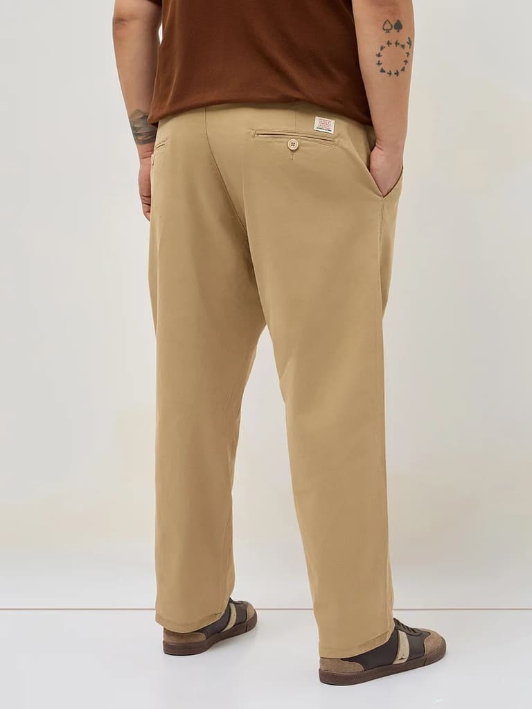 Plus Men's Beige Straight Fit Mid Rise Cotton Casual Chinos Trousers Stretch — photo 3