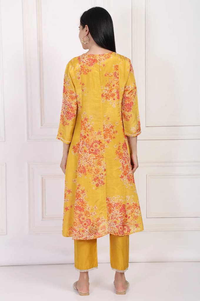 Yellow Floral Printed Beaded A-Line Tissue Kurta with Straight Pant Set — photo 5