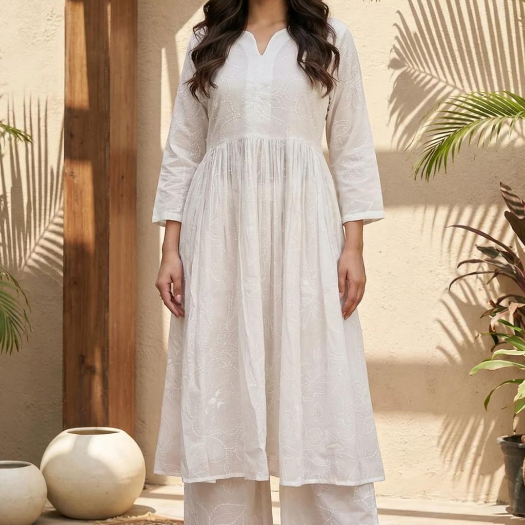 White Chikankari Pure Cotton Flared Kurta with Parallel Pants Set