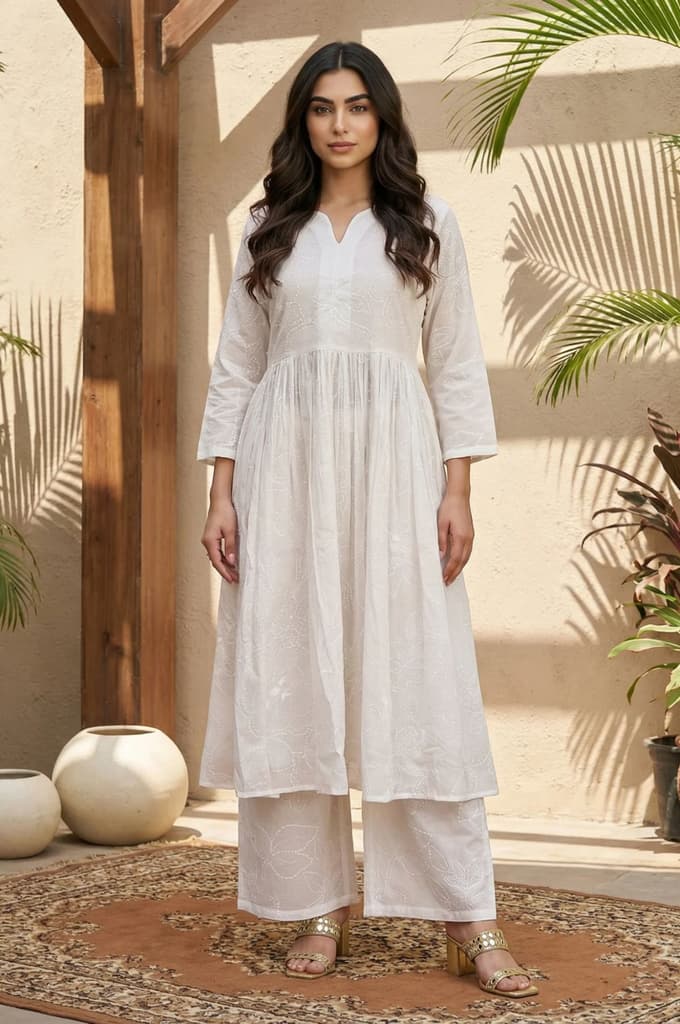 White Chikankari Pure Cotton Flared Kurta with Parallel Pants Set — XS
