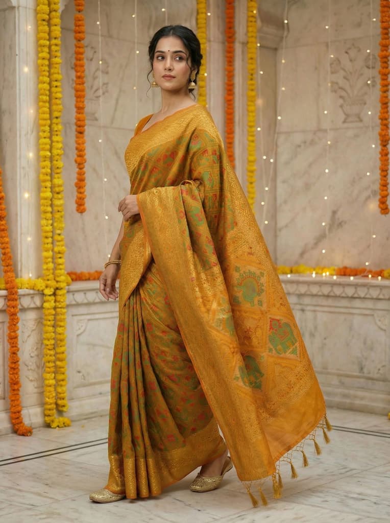MIMOSA Women's Woven Design Paithani Style Raw Silk Saree with Blouse Piece - Mustard ( SA00003128MSFREE ) — photo 2