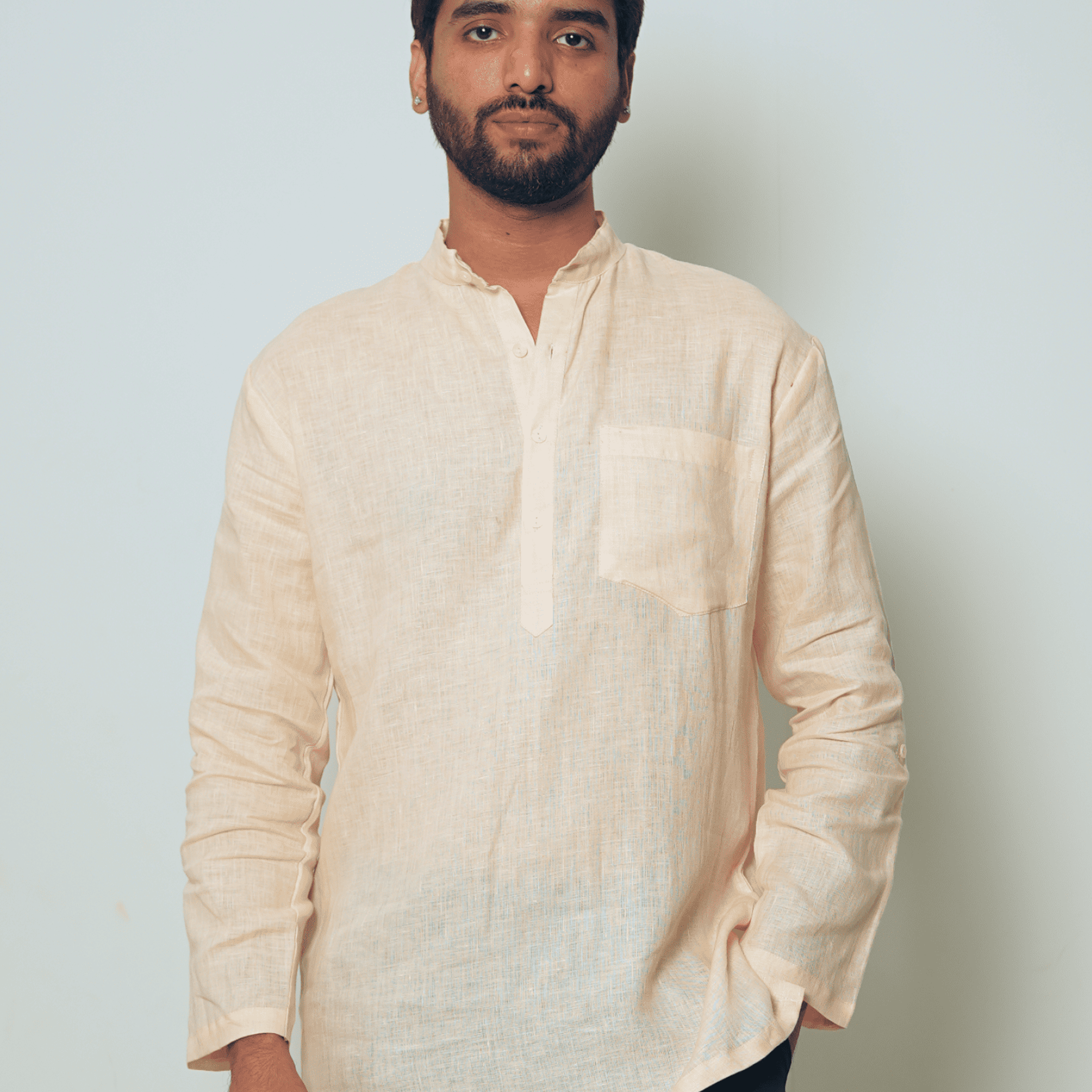 भोर (Bhor) - Men Light Peach Premium Linen Short Kurta