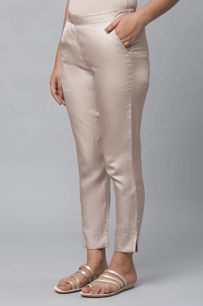 Gold Solid Straight Fit Satin Pants With Elasticated Waist — photo 3