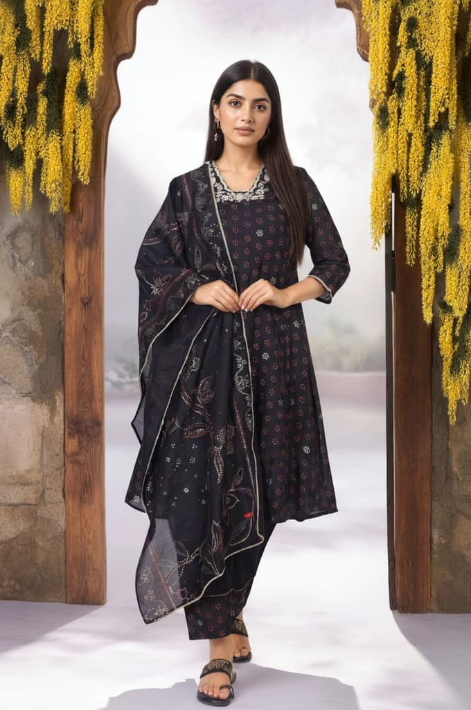 Black Embroidered A-Line Kurta with Straight Pant and Dupatta Set — photo 2