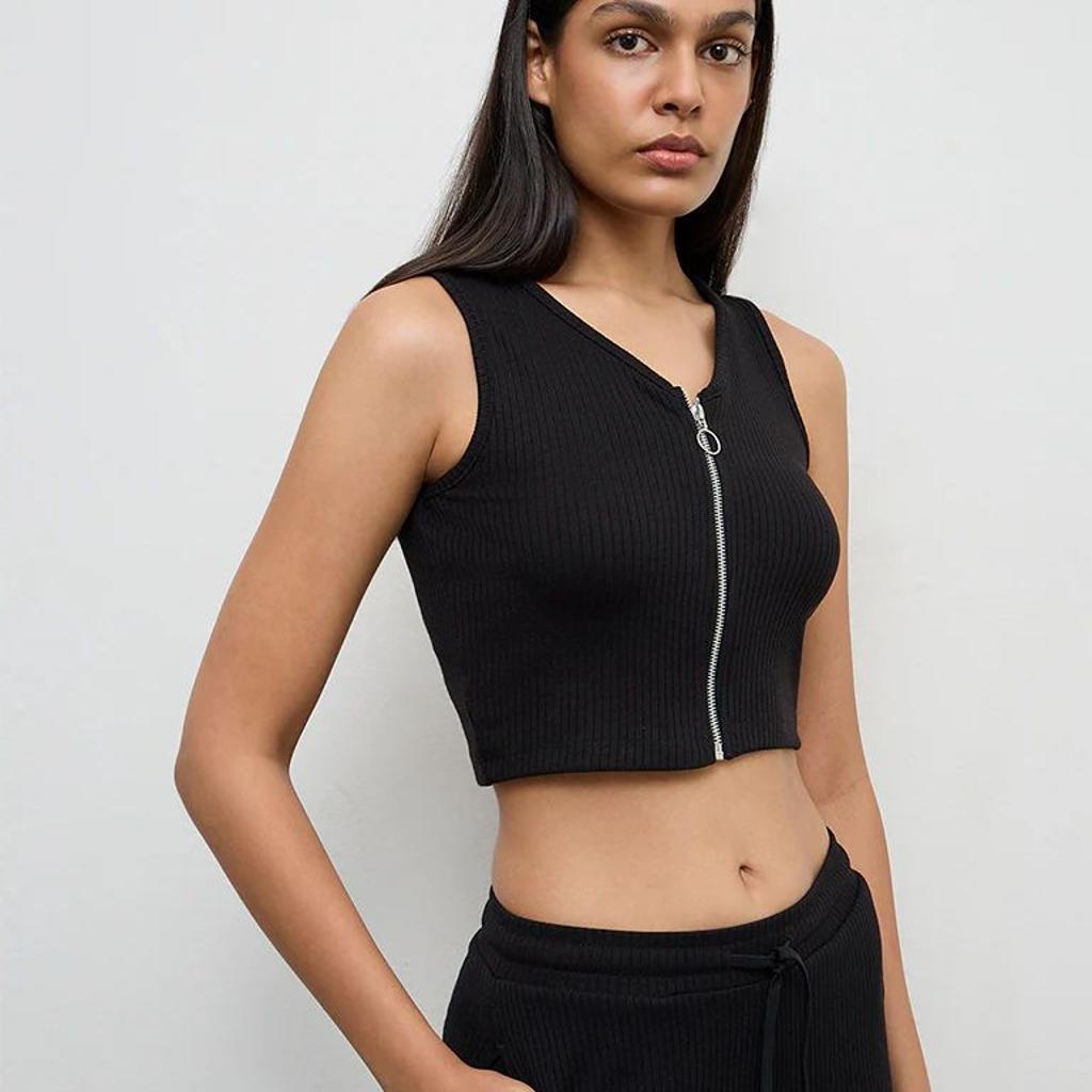 Nuoflexx Black Ribbed Zip-Front Top