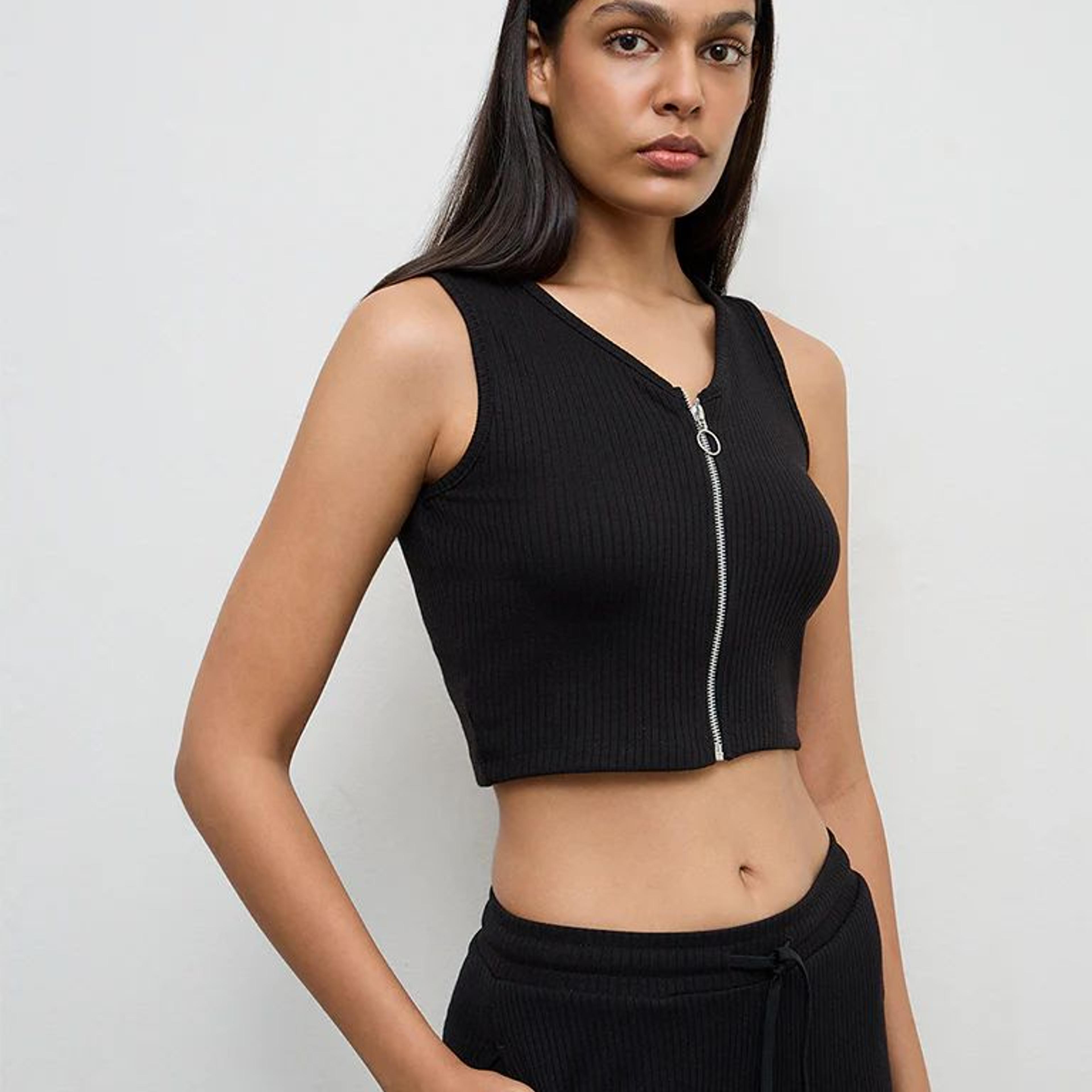 Nuoflexx Black Ribbed Zip-Front Top