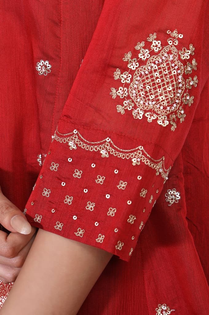 Red Embellished Flared Kurta with Sharara and Dupatta Set — photo 8