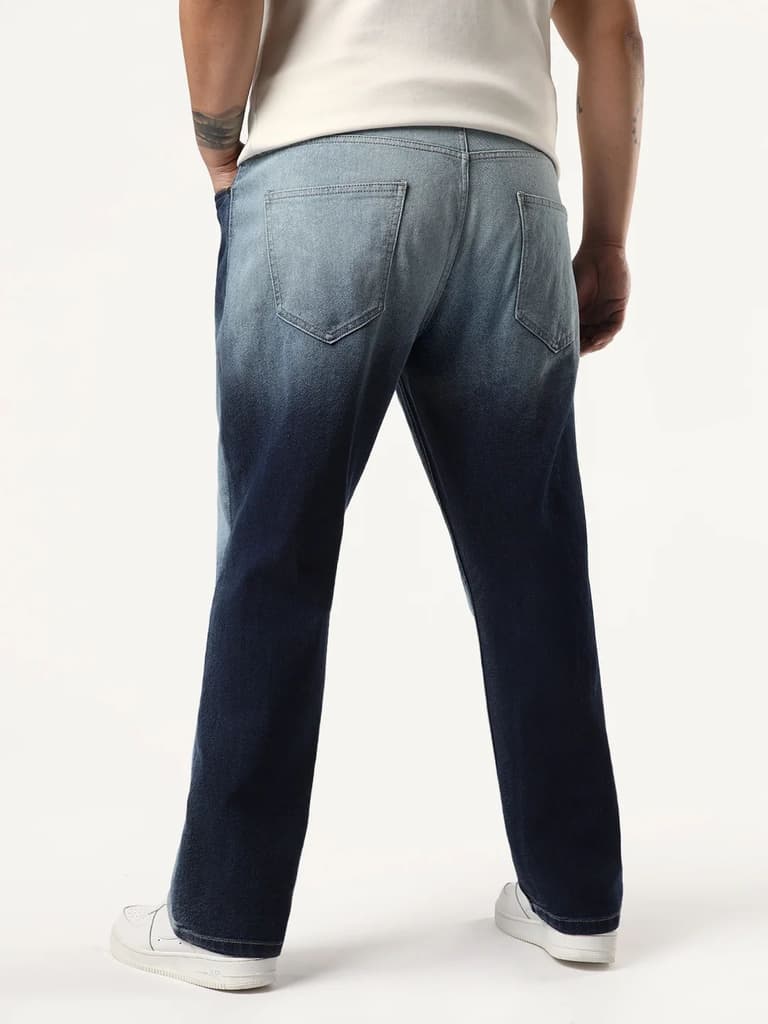 Plus Men's Dark Blue Straight Fit Heavy Washed Faded Denim Jeans Stretchable — photo 3