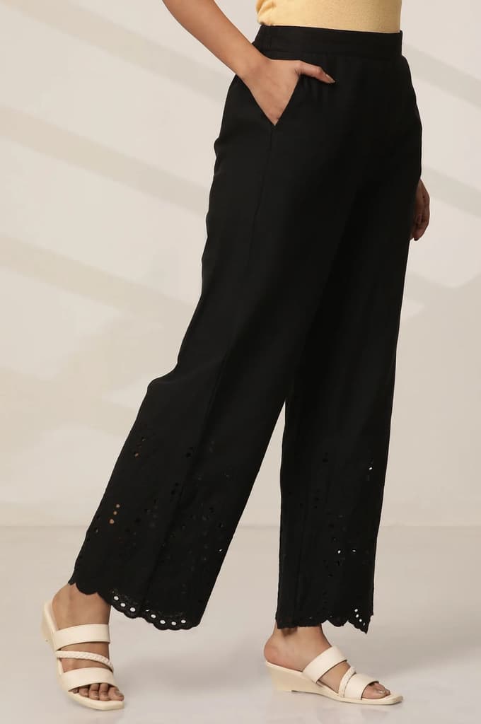 Black Embroidered Semi Flared Cotton Palazzo With Side Pockets — photo 4