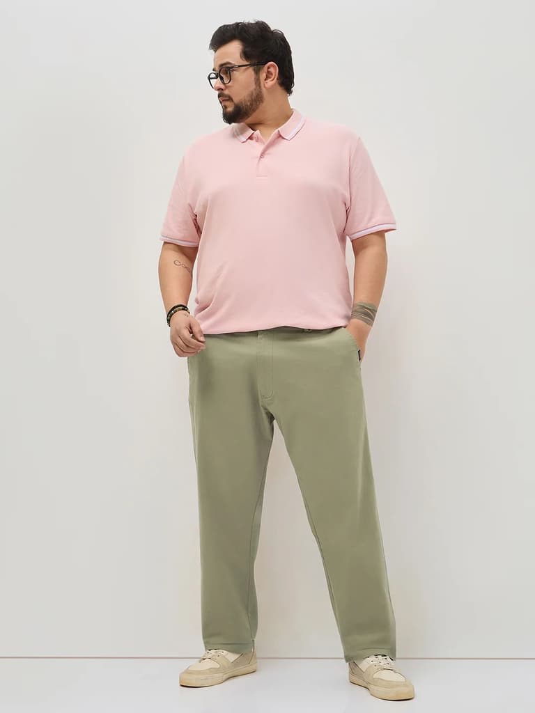 Plus Men's Light Olive Straight Fit Mid Rise Cotton Casual Chinos Trousers Stretch — photo 4