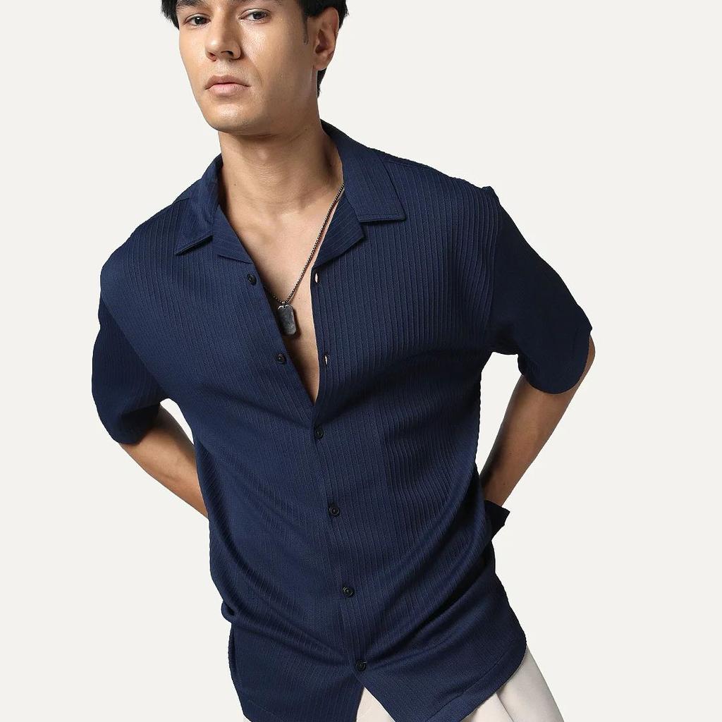 Men's Navy Cotton Half Sleeve Oversized Fit Textured Shirt with Cuban Collar