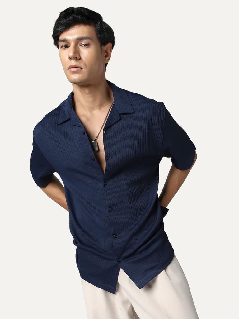 Men's Navy Cotton Half Sleeve Oversized Fit Textured Shirt with Cuban Collar — S / Navy