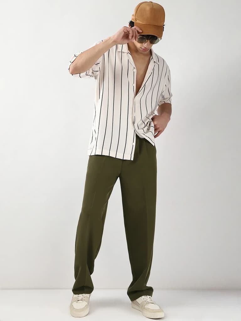 Men's Dark Olive Loose Baggy Fit Solid Korean Trousers Stretchable — photo 5