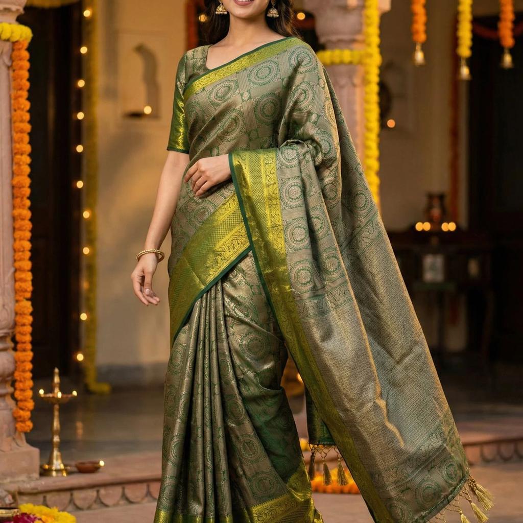 MIMOSA Women's Woven Design Banarasi Style Art Silk Saree with Blouse Piece - Green ( SA00003126GRNFREE )