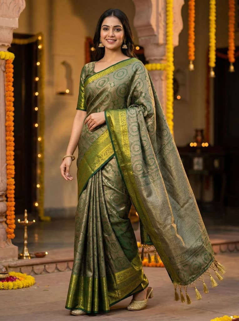 MIMOSA Women's Woven Design Banarasi Style Art Silk Saree with Blouse Piece - Green ( SA00003126GRNFREE ) — Default Title