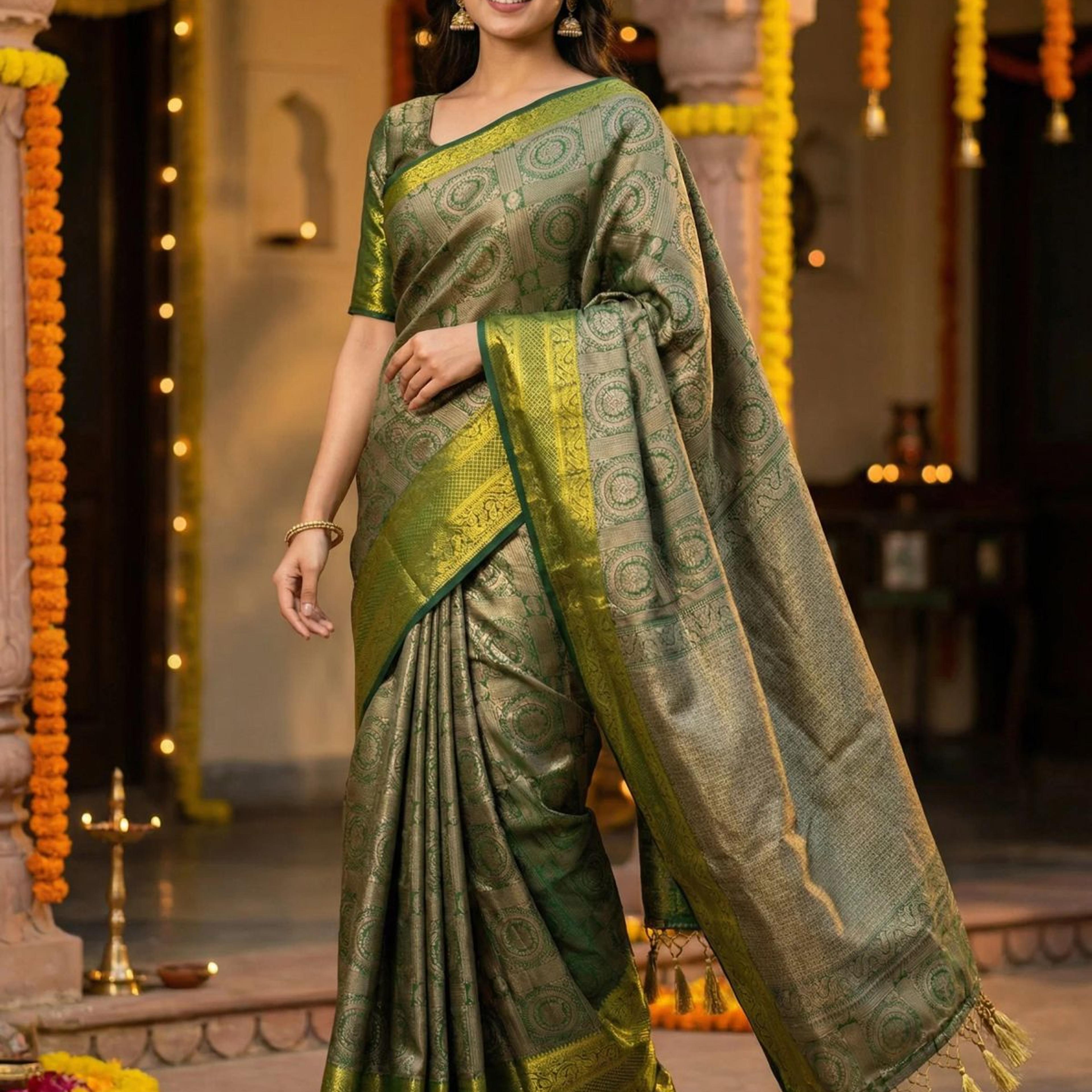 MIMOSA Women's Woven Design Banarasi Style Art Silk Saree with Blouse Piece - Green ( SA00003126GRNFREE )
