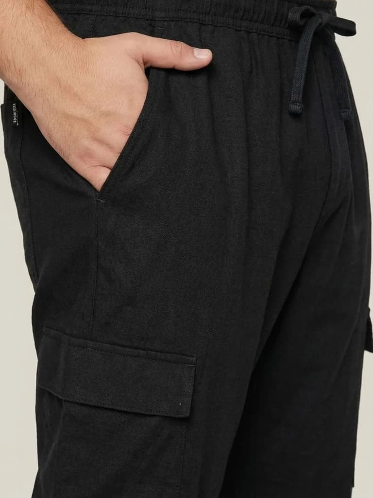 Plus Men's Black Straight Fit Linen Cargo Pants with 6 Pockets — photo 5